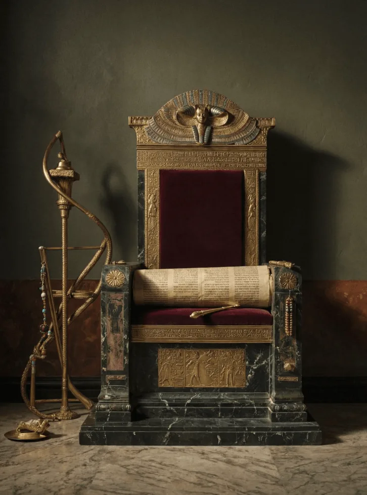 A gilded throne on a dark marble base, with a scroll and ceremonial staff resting beside it
